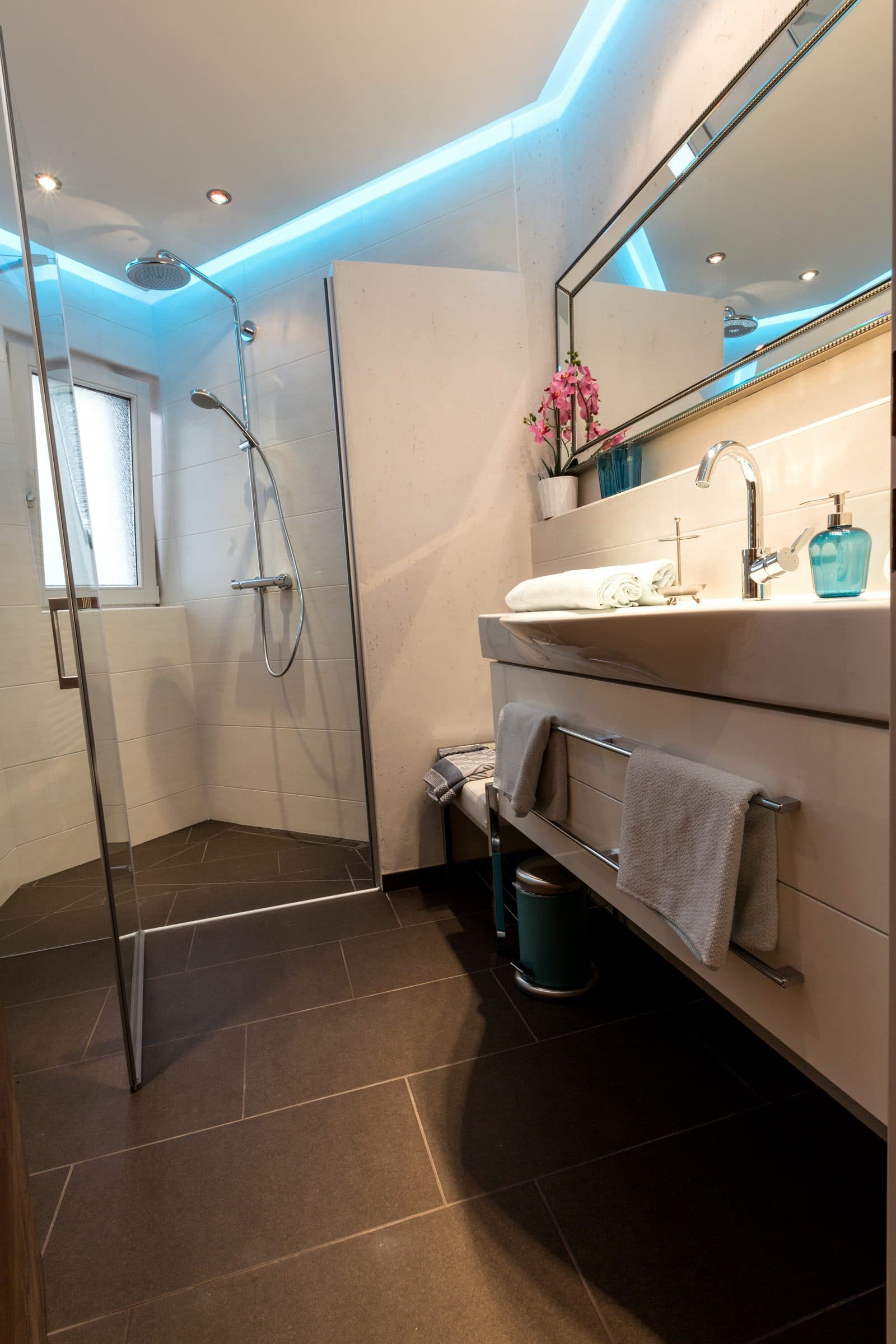 Bad mit Walk-in-Dusche und Waschtisch